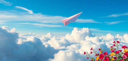 Whimsical paper airplane soaring above vibrant clouds and flowers, colorful clouds,  design element