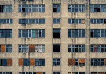 Abandoned Building Exterior Facade Weathered Concrete Grey Windows Urban Decay old city aged walls