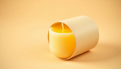 Pastel yellow bubble candle in recycled paper cylinder packaging on beige background, fragrance, recycled packaging