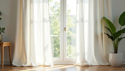 Simple white linen curtains, soft natural light, pure, photography, drape