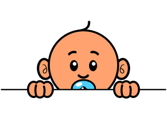 Cute baby boy peeking over edge with pacifier, vector cartoon