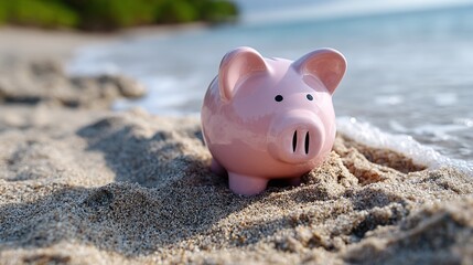 Piggy bank on sandy beach, vacation savings concept. A pink piggy bank sits on the shore with the ocean waves gently rolling in background.
