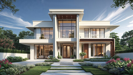 Fototapeta premium Stunning modern luxury home showcasing architectural design and exterior detail with landscaped garden.