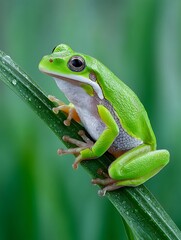 Naklejka premium Green Tree Frog Resting on a Blade of Grass