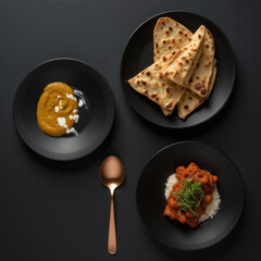 Delicious curry dish served with rice, flatbread, and side of sauce, beautifully arranged on dark plates, creating inviting presentation