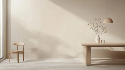 Modern and minimalistic interior space with a large window on the left side. the window has a white frame and is letting in natural light.