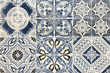 Colonial heritage patterned tiles in random floral, star, ornamental, engraving, and other abstract...