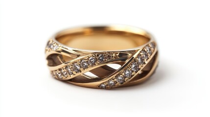 Elegant gold band ring with intricate diamond setting.