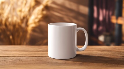 Obraz premium Empty white mug on a wooden table.