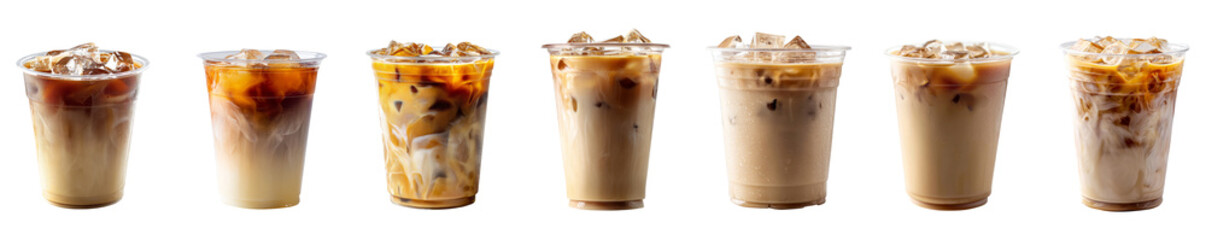 Assortment of bubble tea milk drinks in clear plastic cups with ice isolated on transparent background