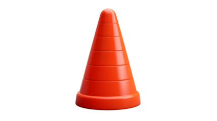 A bright orange traffic cone stands alone against a stark black background