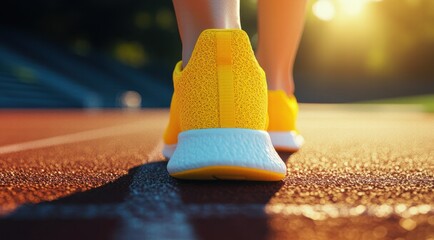 Runner's yellow sneakers on the track, sunny day