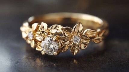 Delicate gold ring adorned with floral motifs and sparkling diamonds.
