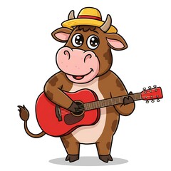 Brown Cow with Straw Hat and Guitar