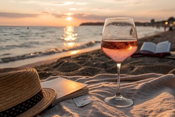 Rosé Wine Glass at Sunset Beach – Summer Vacation Vibes