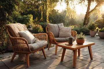 Cozy garden lounge with rattan armchairs and wooden table