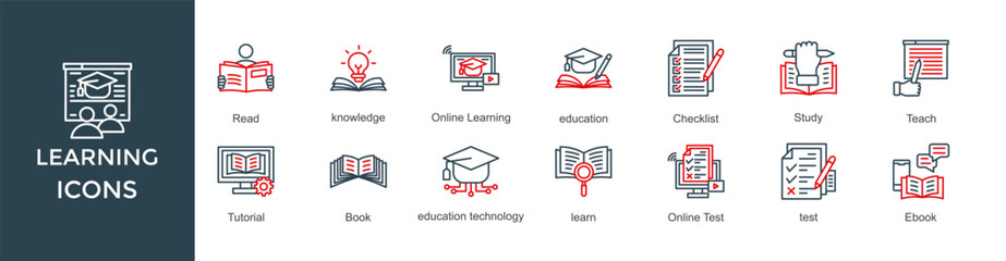 learning icon set. with icon Read, knowledge, Online Learning, education, Study