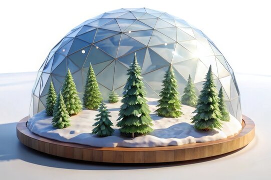 Geodesic glass dome with pine trees, winter forest terrarium, snow globe