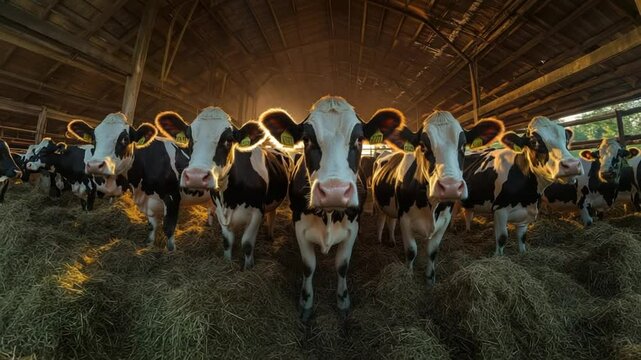 Sunlit barn interior shows a row of black and white cows in hay