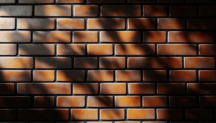 Brick wall with leaf shadows.  Shadows of leaves cast on a terracotta brick wall