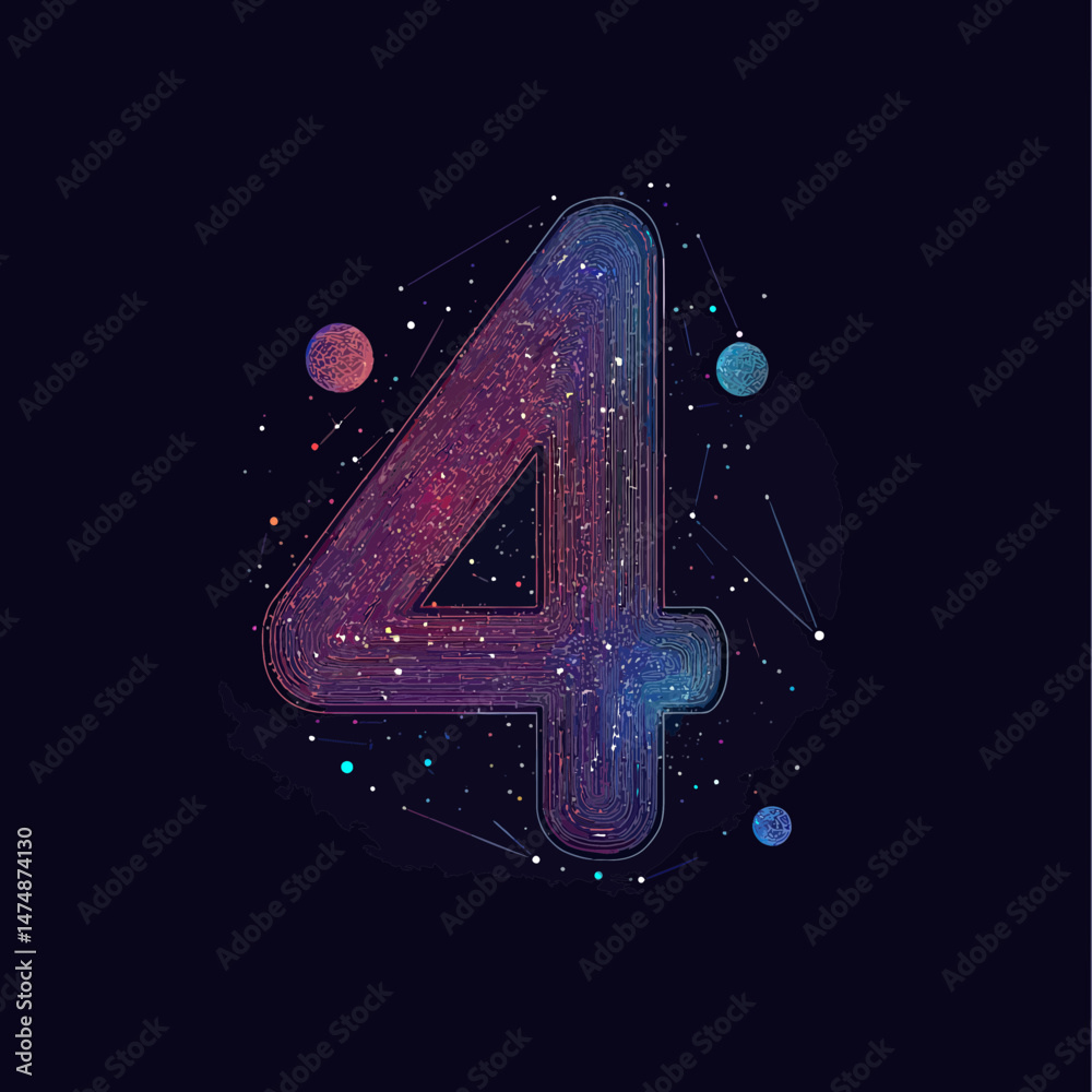 Poster abstract futuristic number 4 composed of interconnected glowing lines and dots resembling digital ci