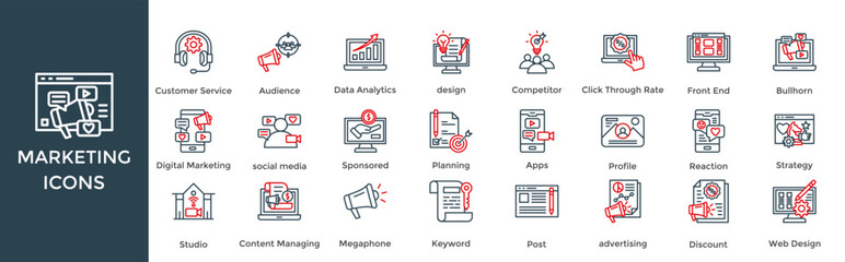 marketing icon set. with icon Customer Service, Audience, Data Analytics, design, Competitor