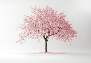 Fototapeta premium Single cherry blossom tree against white background. Petals scattered at base