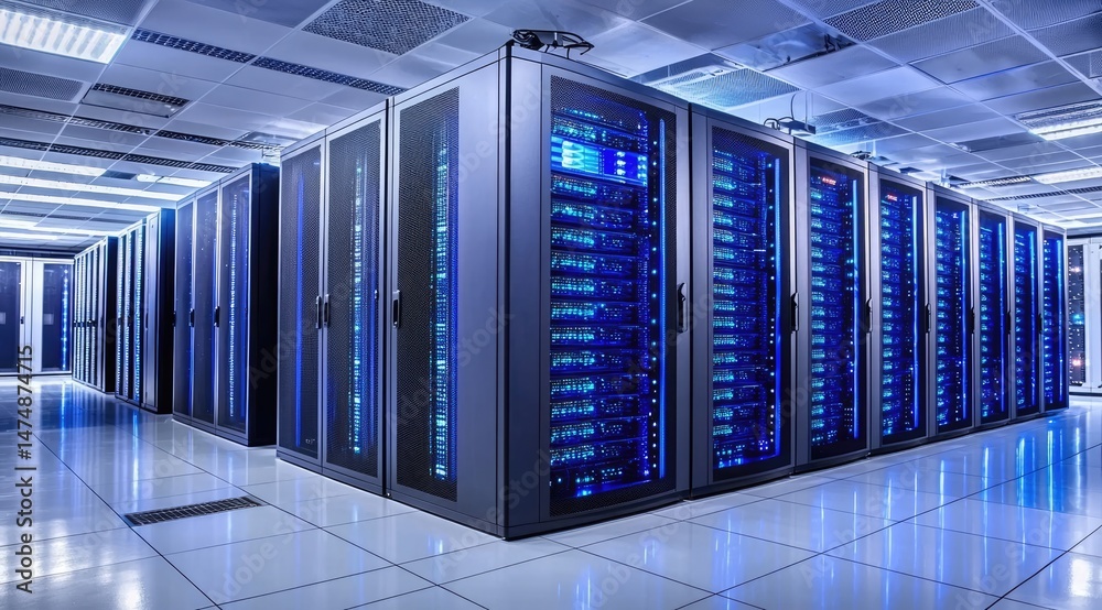 Leinwandbilder Large data center filled with illuminated blue server racks, showcasing powerful infrastructure for cloud computing, data processing, cybersecurity, and enterprise-scale systems