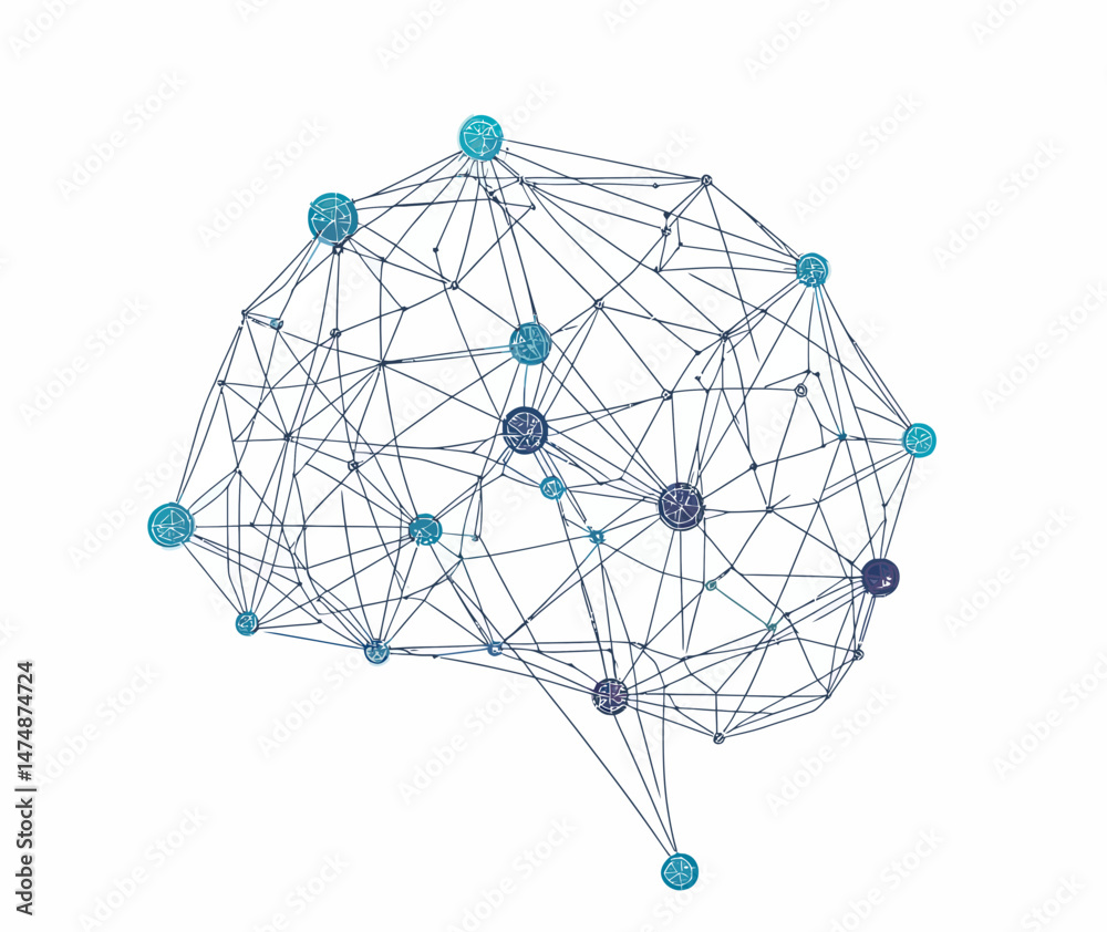 Poster abstract digital brain network with interconnected nodes and low poly wireframe structure representi