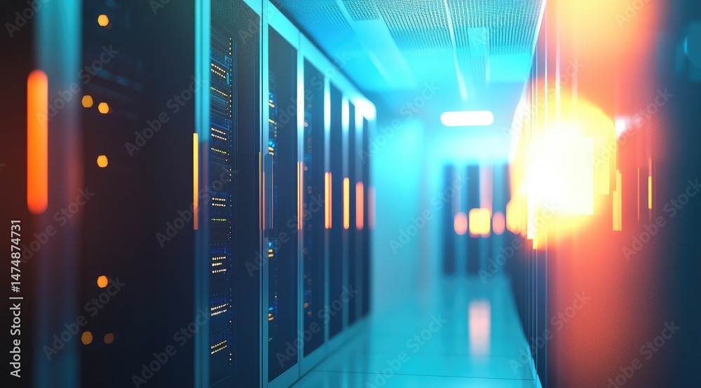 Poster Brightly lit modern server room with illuminated data racks in blue and orange tones, representing cloud technology, cybersecurity, AI computing, and data storage systems