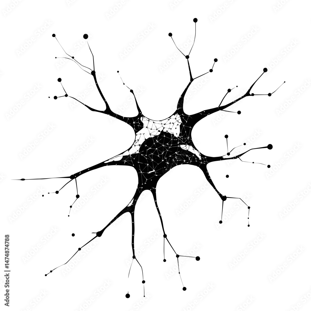Poster black low poly neuron cell vector illustration with thin lines and connecting dots on white backgrou