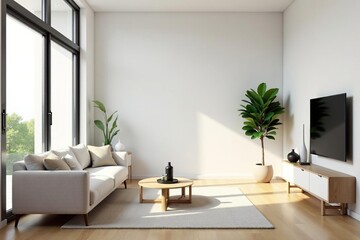 Bright, airy minimalist living room with simple furniture and natural light , simple living, minimal design