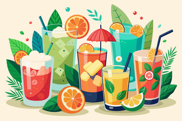 Assortment of Refreshing Summer Cocktails with Tropical Fruits