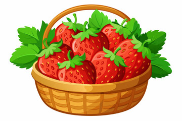 Fresh Red Strawberries in a Wooden Basket with Green Leaves