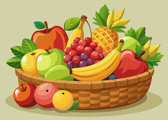 Assorted Fresh Fruits in a Wooden Basket Illustration