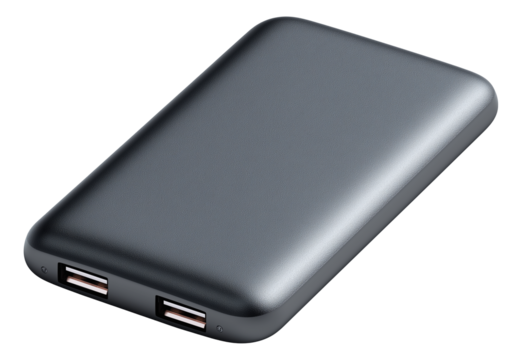 Compact grey power bank with two USB ports for charging electronic devices on transparent background.