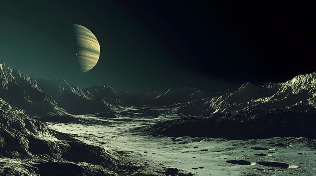 A stunning panoramic shot of Saturn's rings casting mesmerizing shadows on the planet's surface, captured from a nearby moon.