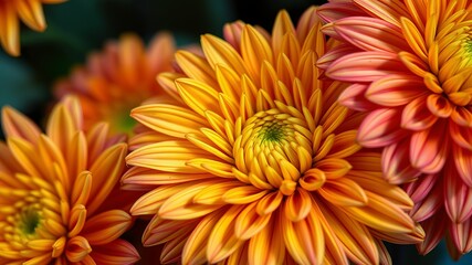Obraz premium Close-up view of several vibrant orange and yellow chrysanthemum flowers blooming in a garden showcasing intricate details and textures.