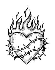 sacred heart with crown of thorns and flames hand drawn vector