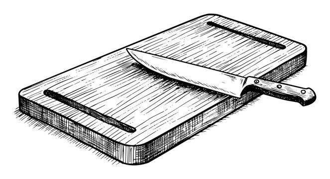 knife on cutting board, black and white clip art preview