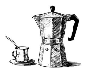 moka coffee pot with espresso cup and spoon drawn in vintage engraved style