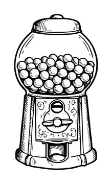 vintage gumball machine filled with round candies drawn in cartoonish engraving style