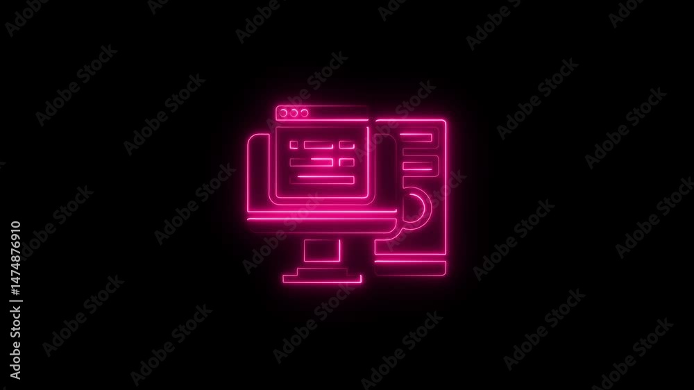 Poster pink neon computer setup with software interface elements on black background animation