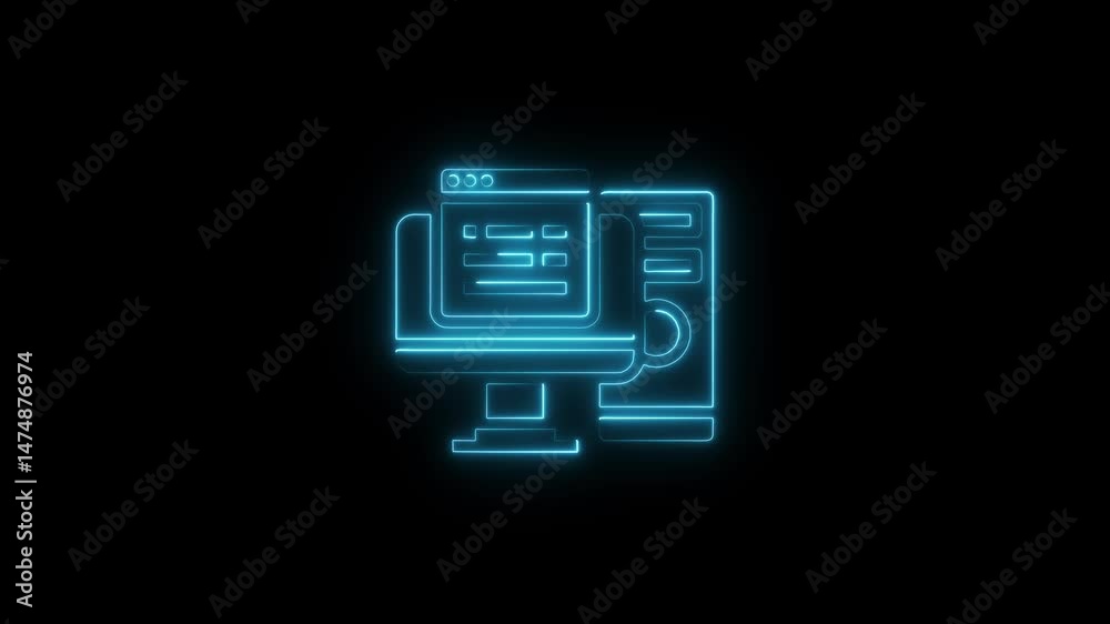 Poster animated neon computer system with glowing blue outlines representing data processing and digital te