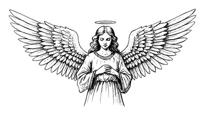 heavenly angel with open wings and halo drawn in elegant sacred style