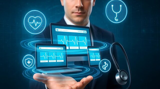 Man Holding Floating Medical Dashboards with Health Icons Representing Digital Healthcare, Monitoring and Online Diagnosis

