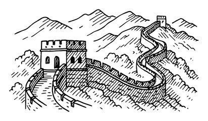 the great wall of china stretching through hills hand drawn in detailed landscape sketch