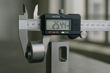 professional tool instrument efficiency concept. Caliper measuring metal with digital display on a workbench.