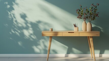 Obraz premium Minimalist wooden desk with warm glow, green backdrop, clean and spacious design. Serene simplicity in a modern workspace.