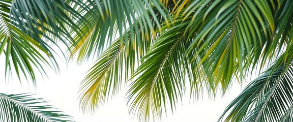 Tropischer Aquarellrahmen mit detailreichen Palmenblättern von oben, strahlend grün auf weißem Hintergrund. Ideal für Sommerdesigns und Urlaubsprojekte.